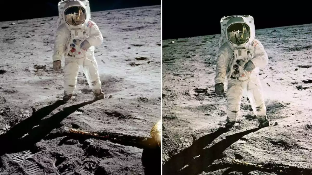A l'esquerra, la imatge original de Buzz Aldrin. A l'esquerra, la foto retocada