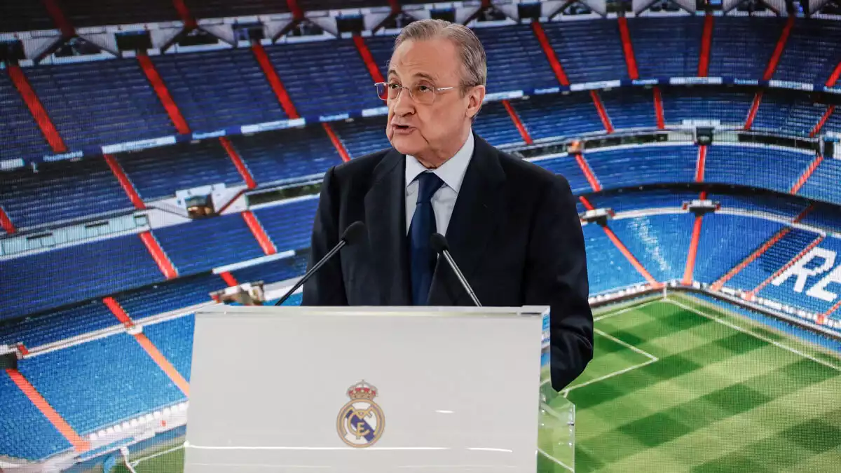 El president del Real Madrid, Florentino Pérez, durant una presentació al Santiago Bernabeu el 13 de juny del 2019