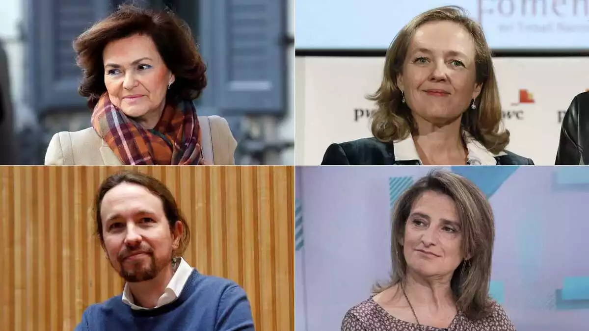 Carmen Calvo, Nadia Calviño, Pablo Iglesias i Teresa Ribera.