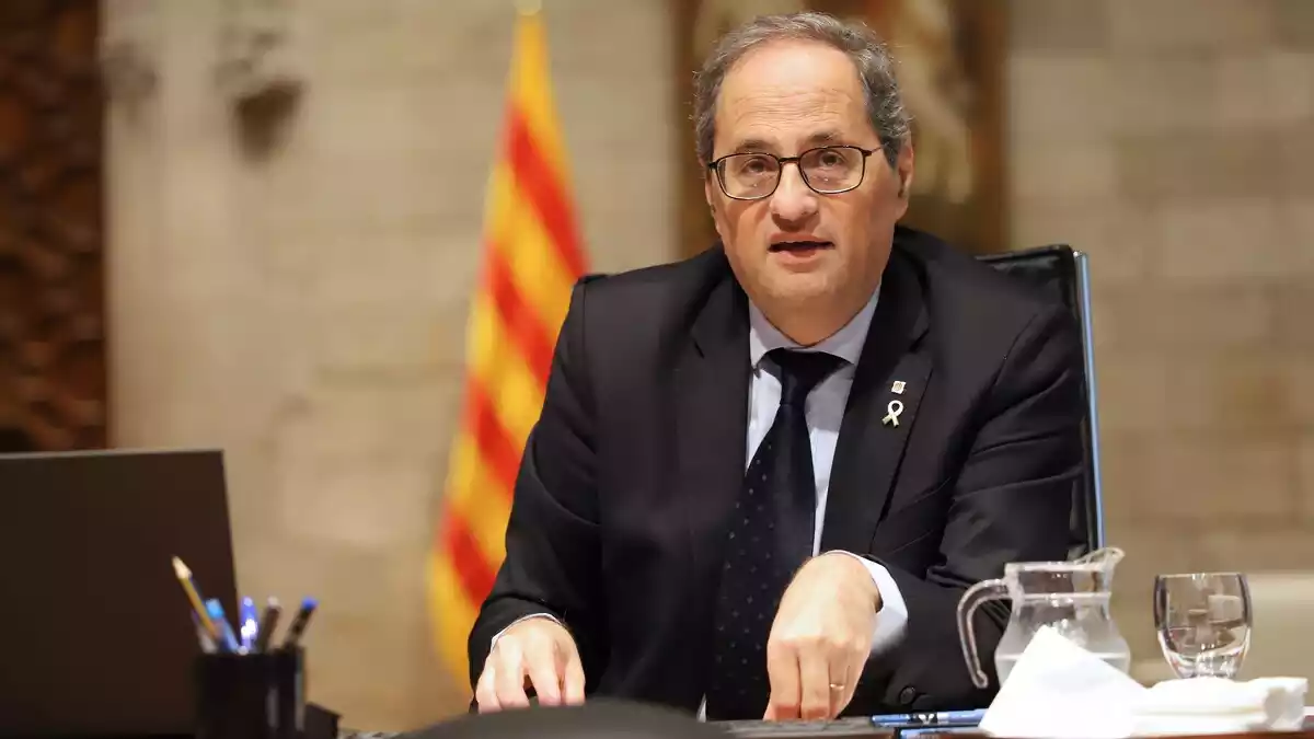 El president de la Generalitat, Quim Torra, reunit per videoconferència amb Pedro Sánchez i les altrescomunitats autònomes. Imatge del 10 de maig del 2020