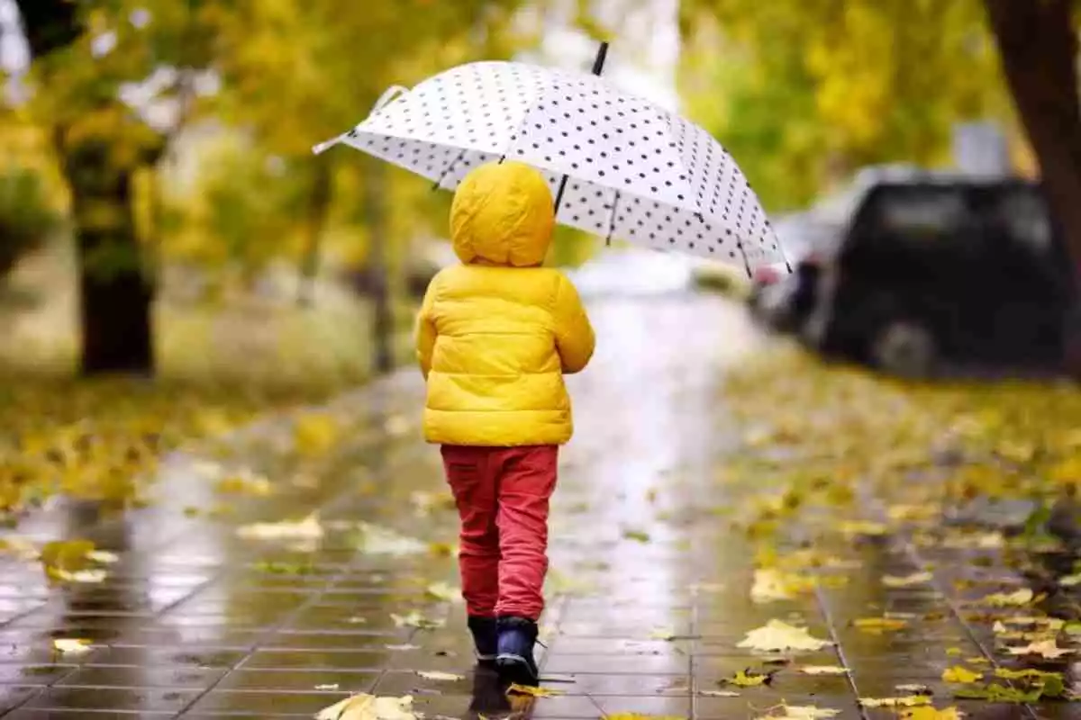 Imatge d'una nena caminant sota la pluja un dia de tardor