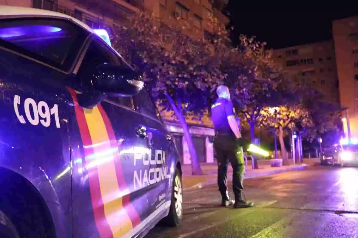 Un agent de la Policia Nacional rere un cotxe del cos de policia, de nit i amb llums enceses