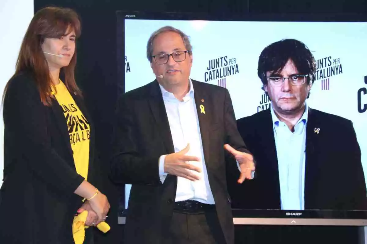 Laura Borràs, en un míting de Junts per Catalunya amb Quim Torra i Carles Puigdemont.