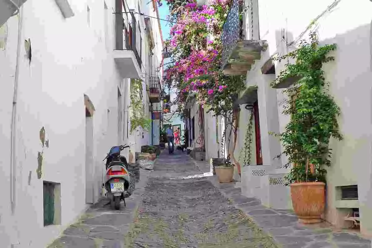 Un carrer de Cadaqués amb flors i plantes, a la Costa Brava