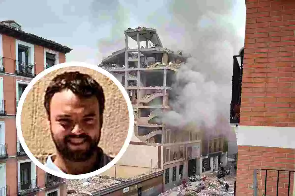 Imatge amb la fotografia de David i l'edifici que va explotar a Madrid aquest dimecres