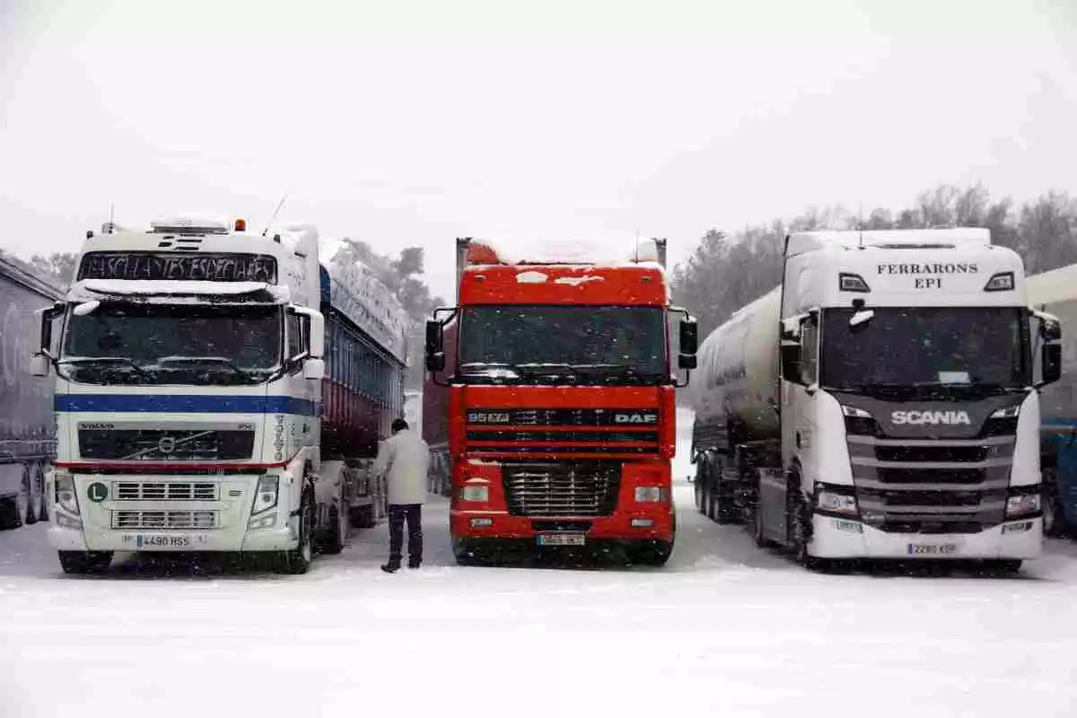 Tres camions aparcats a l'àrea de servei de la Panadella i un conductor a fora enmig de la neu