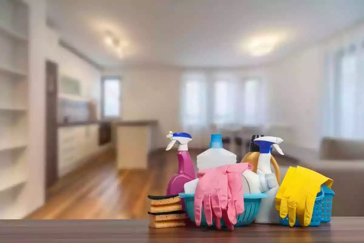 Imatge d'arxiu de diversos elements de neteja en un habitatge