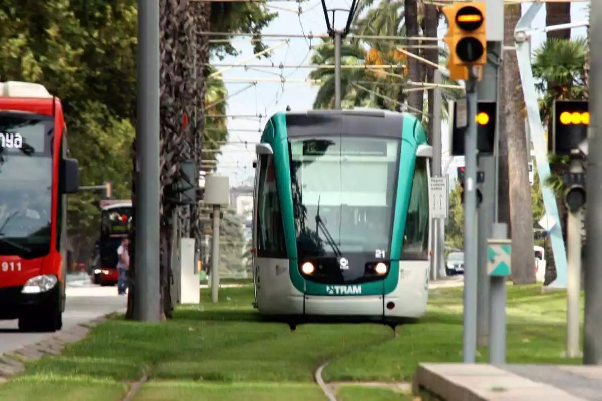 Imatge d'un tramvia circulant per l'estació de Tram de Francesc Macià de Barcelona