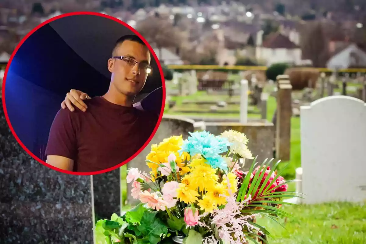 Muntatge amb les imatges d'un cementiri i una foto de Sergio Muñoz, jugador d'handbol que ha perdut la vida