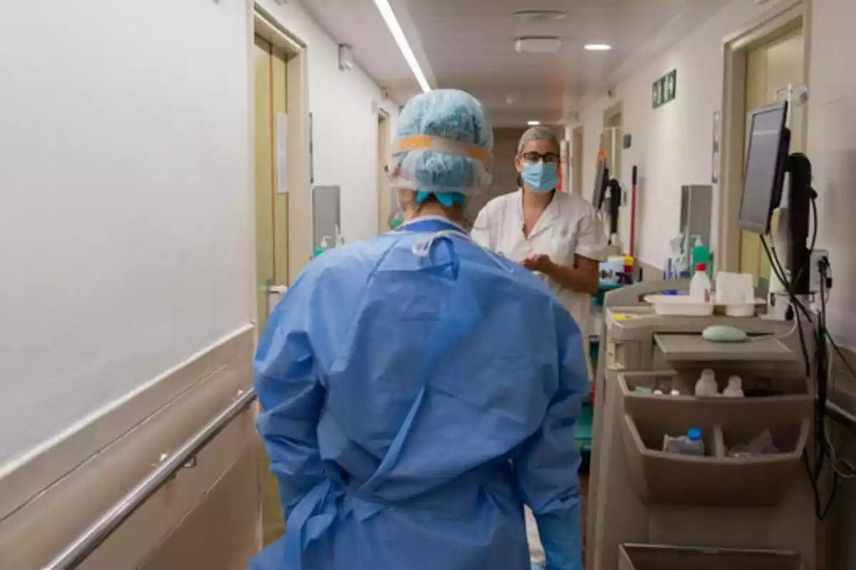 Dos sanitaris es creuen als passadissos d'un hospital