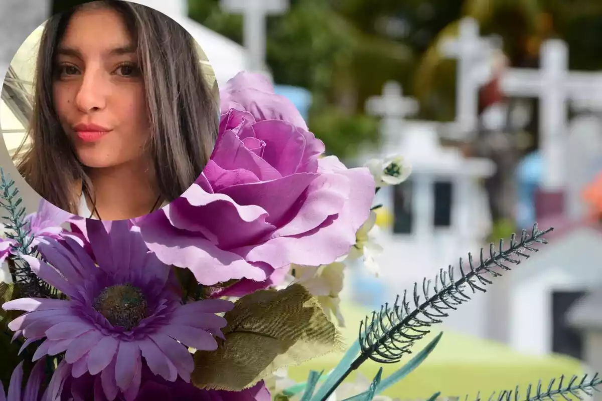 Fotomuntatge de Catalina, morta per l'atac d'un tigre, i unes flors en un cementiri