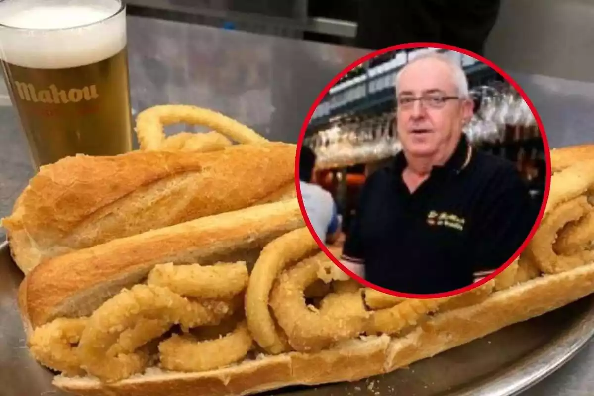 Fotomuntatge d'Alfredo Rodríguez, propietari del bar 'El Brillante' de Madrid, i un entrepà de calamars