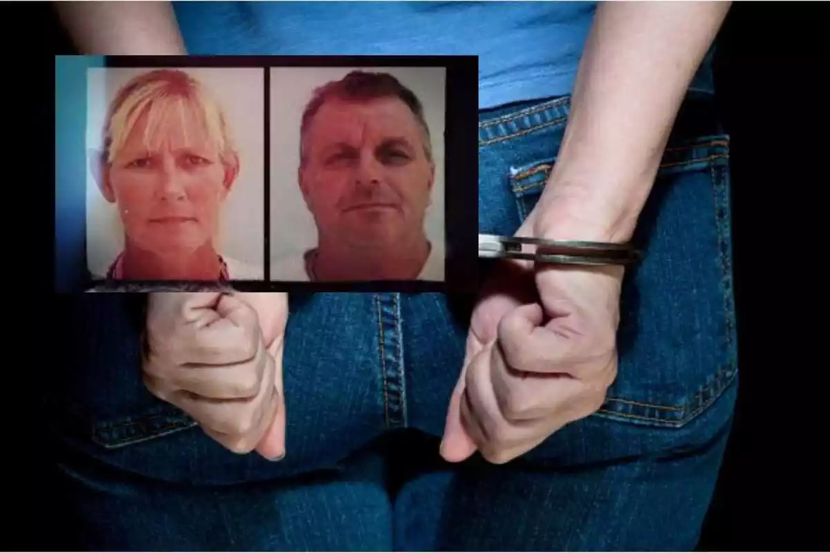 Fotomuntatge dels fugitius Alison Graecey i Christopher Jones amb fons d'unes mans esposades