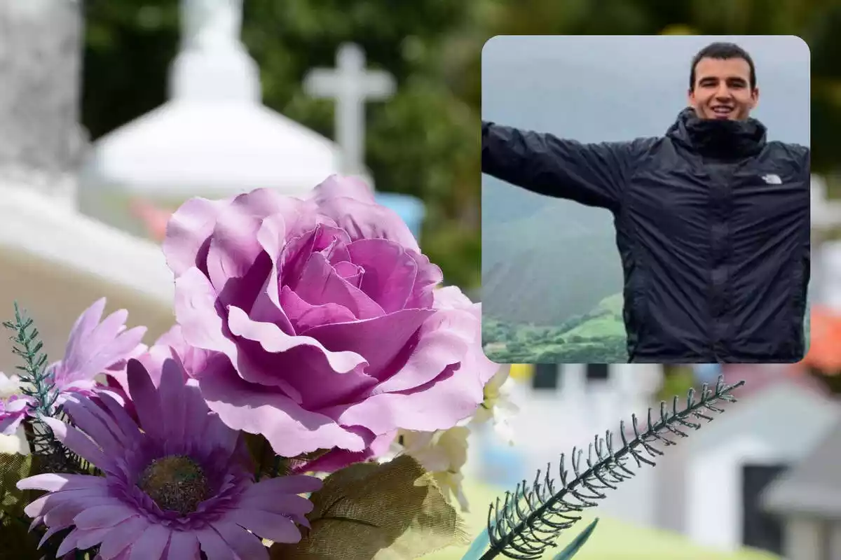 Fotomuntatge d'unes flors al cementiri i de Víctor López, el jove de 20 anys assassinat per un kamikaze