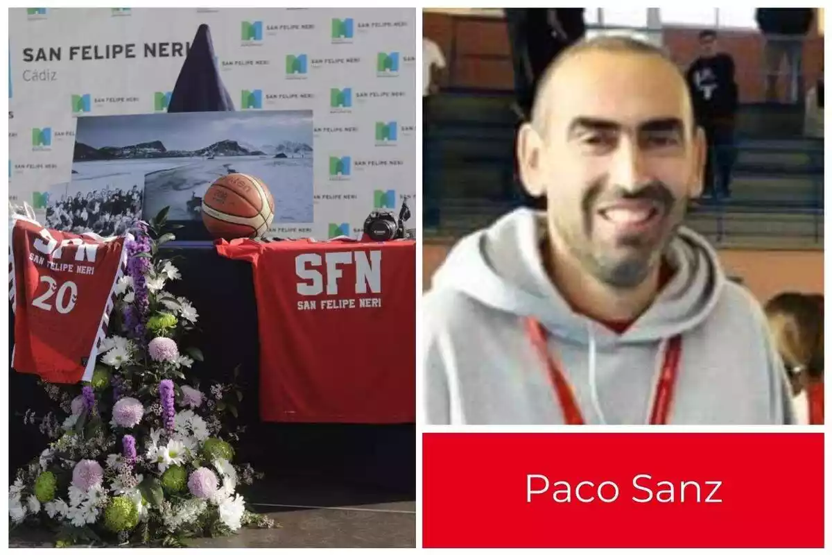 Fotomuntatge de Paco Sanz i una imatge del funeral que li van fer al col·legi on treballava