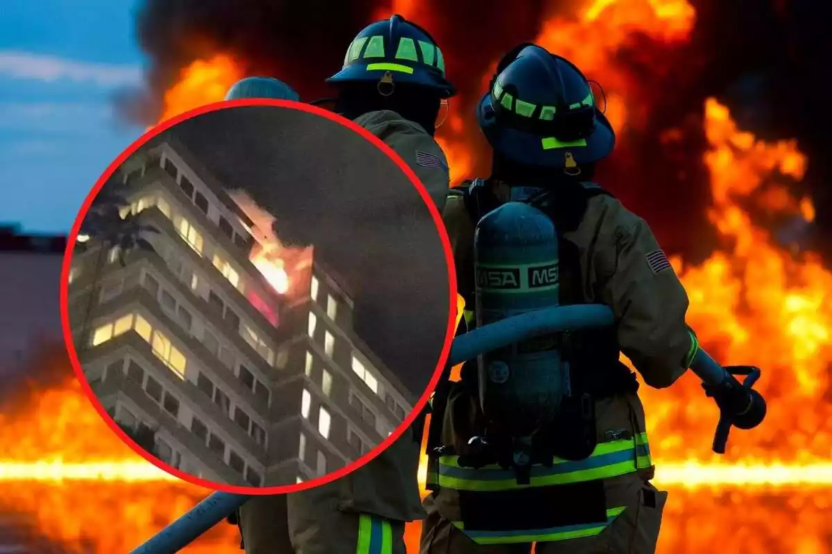 Fotomuntatge d'un pis en flames i dos bombers apagant un incendi