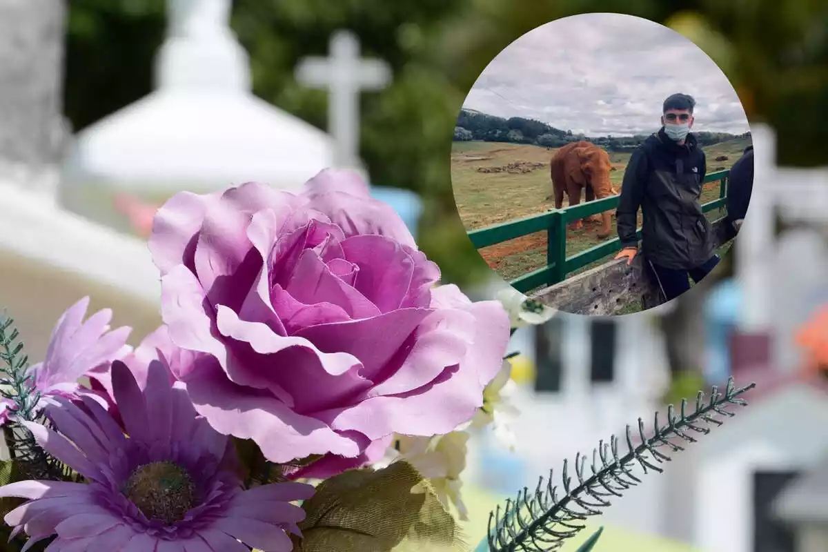Fotomuntatge d'unes flors al cementiri i d'Adrián García, l'estudiant espanyol d'Erasmus mort en un accident