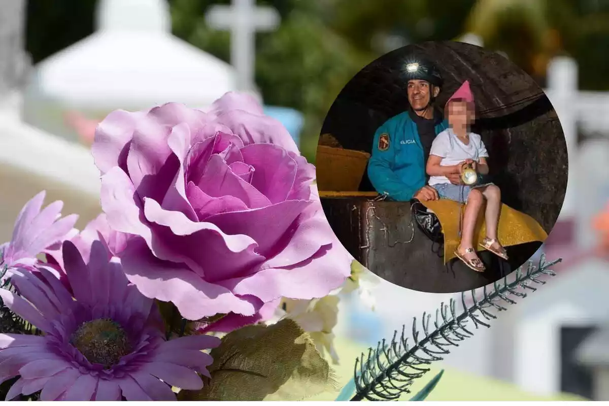 Fotomuntatge d'unes flors al cementiri i de Quim Vila, l'agent dels Mossos d'Esquadra que va morir durant unes maniobres