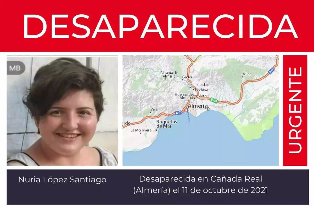 Muntatge fotogràfic de Nuria López, la jove de 21 anys desapareguda a Almeria, i el mapa de la zona on va desaparèixer