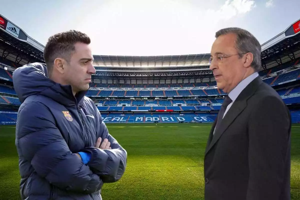 Fotomuntatge de Xavi Hernández i Florentino Pérez amb l'estadi del Reial Madrid de fons