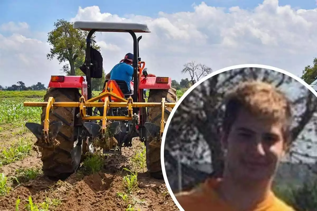 Muntatge fotogràfic de Raúl, el jove espanyol de 23 anys mort a la feina, i un tractor