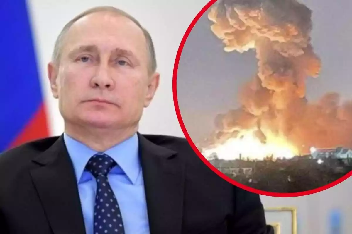 Fotomuntatge de Vladímir Putin i un bombardeig a Ucraïna