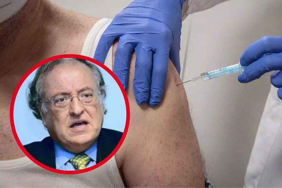 Fotomutatge d'un braç punxant-li una vacuna i el rostre del doctor Melchor Alvárez