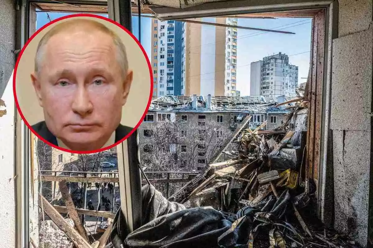 Fotomuntatge de vladímir Putin i un edifici bombardejat