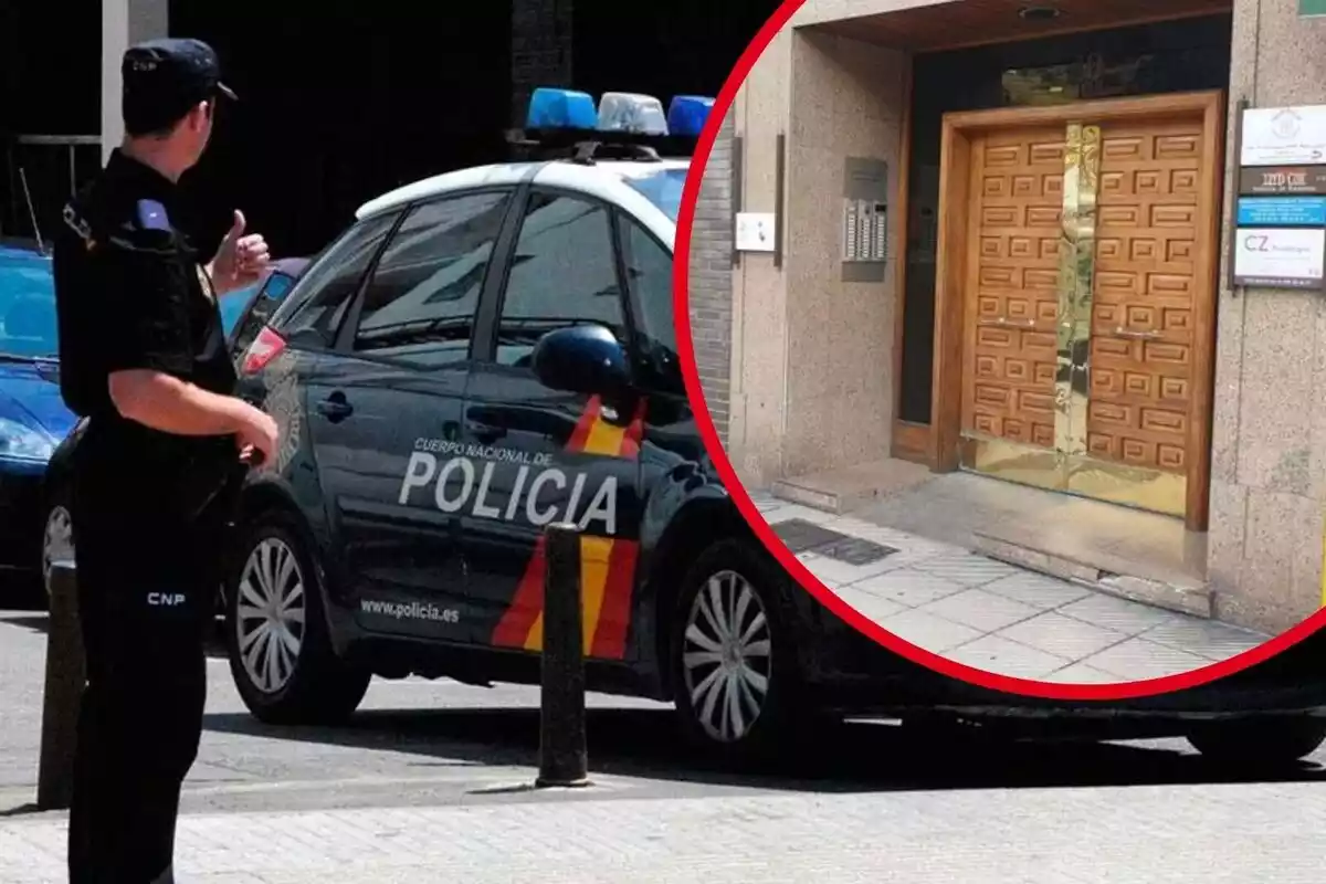 Fotomuntatge d'un agent i cotxe de la Policia Nacional i la casa on van ser trobades les dues adolescents fugades per un repte viral