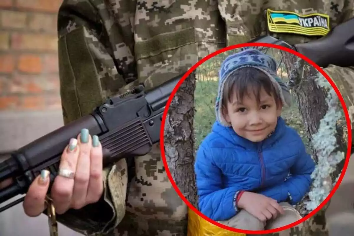 Fotomuntatge d'un militar rus amb una arma i Semyon, el germà petit de 5 anys de Polina, la nena assassinada per les tropes russes