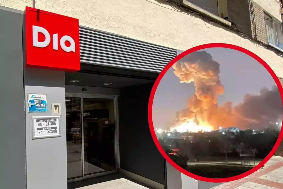 Fotomuntatge d'un supermercat DIA i una explosió a Ucraïna