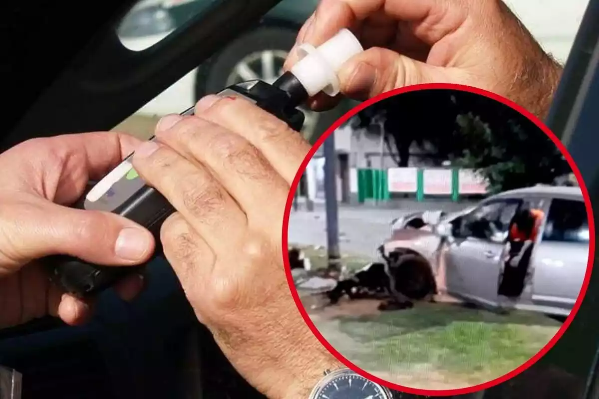 Fotomuntatge d'un test d'alcoholèmia i un cotxe sinistrat després d'un accident