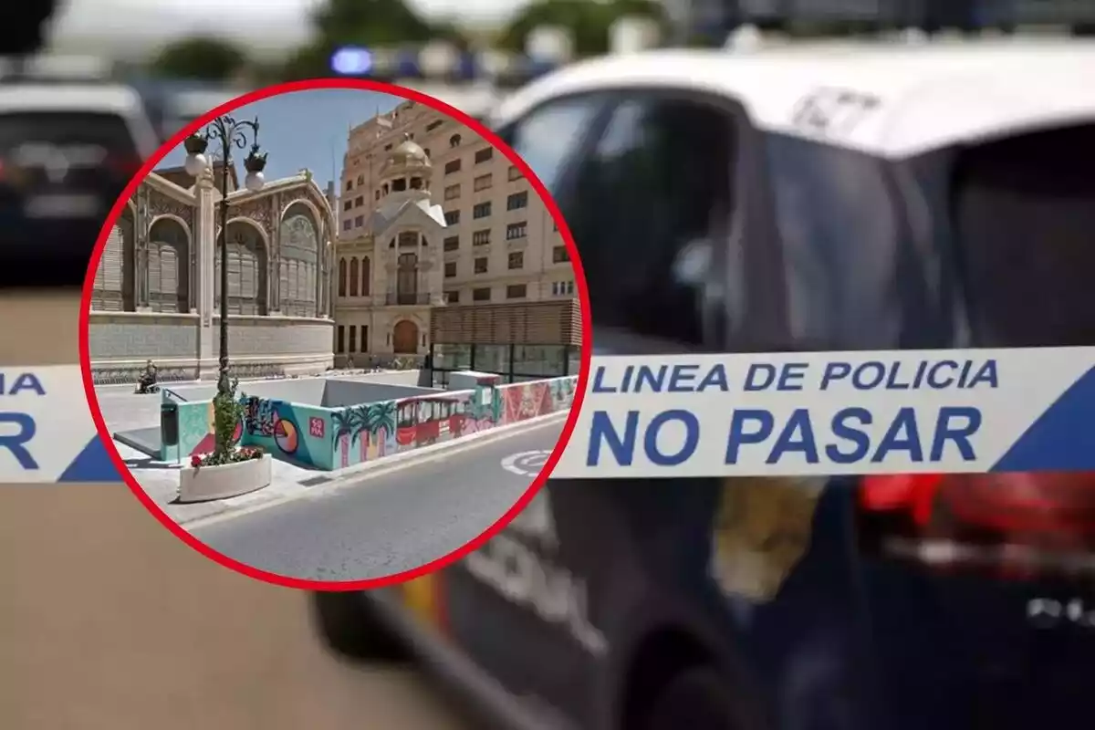 Fotomuntatge d'un tros de cordó policial i l'entrada al pàrquing de València on ha mort el noi