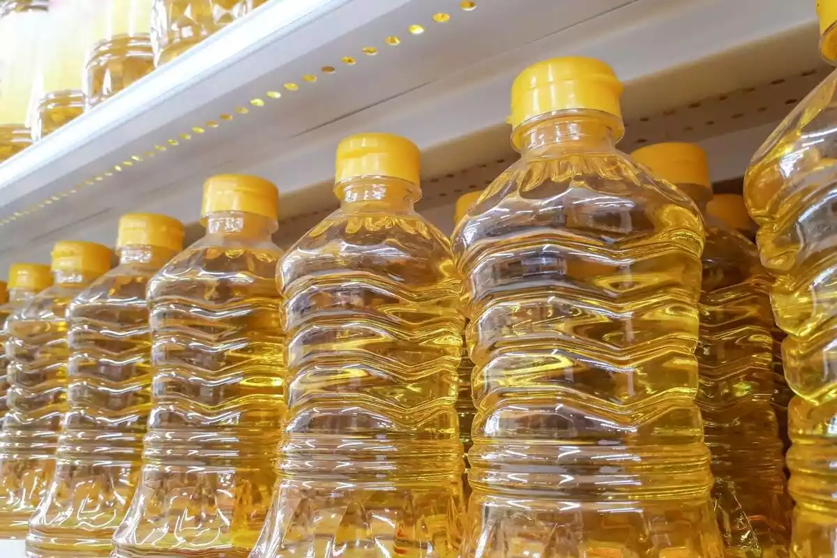Imatge d'unes ampolles d'oli de gira-sol a sobre d'unes prestatgeries d'un supermercat