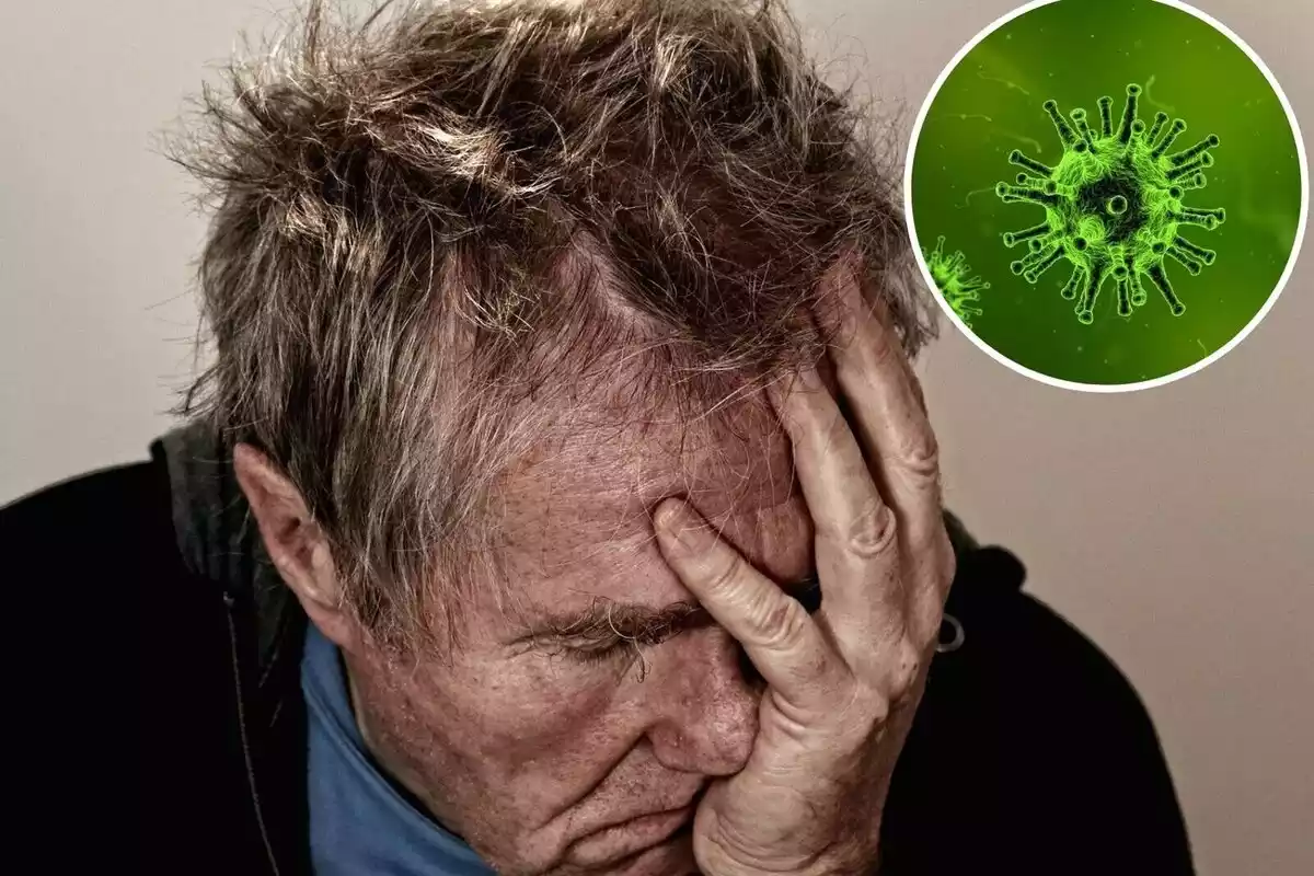 Muntatge fotogràfic d'un home amb mal de cap i un virus.