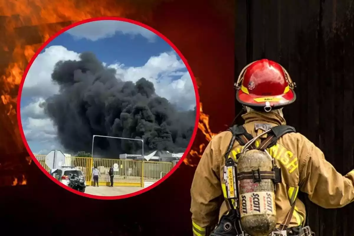 Fotomuntatge d'un bomber d'esquena i el núvol de fum que sortia de la planta incubadora d'ous de Morón de la Frontera