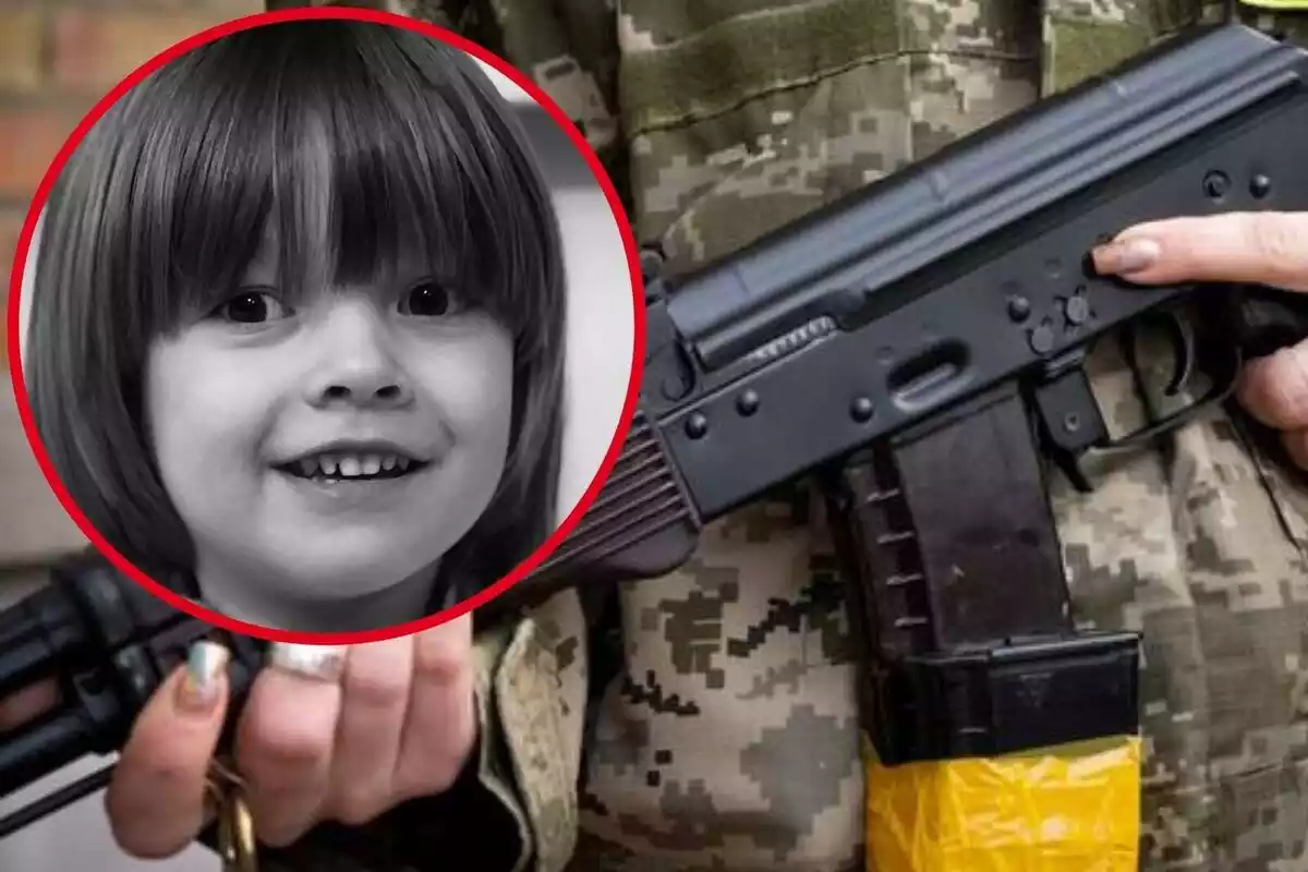 Fotomuntatge d'un soldat armat i la cara de Sasha, el nen de 4 anys mort en la guerra d'Ucraïna