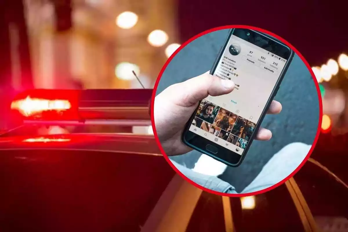 Fotomuntatge d'un cotxe de policia i un mòbil amb un perfil d'Instagram