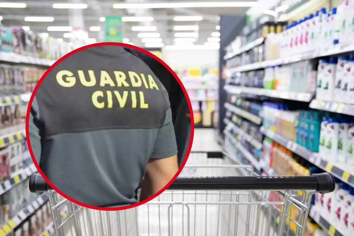 Fotomuntatge d'un guàrdia civil i un supermercat.