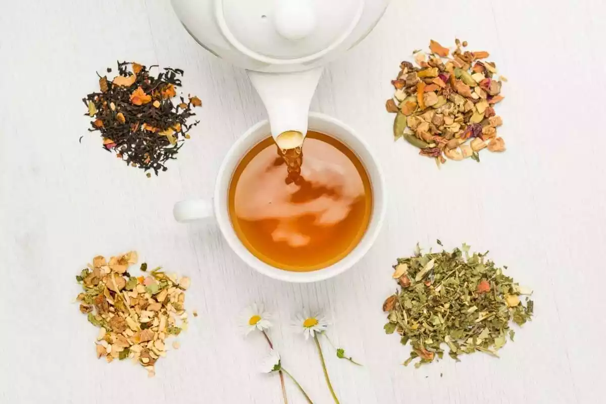 Imatge de diversos tipus de te a sobre d'una taula de fusta blanca i una tassa d'infusió