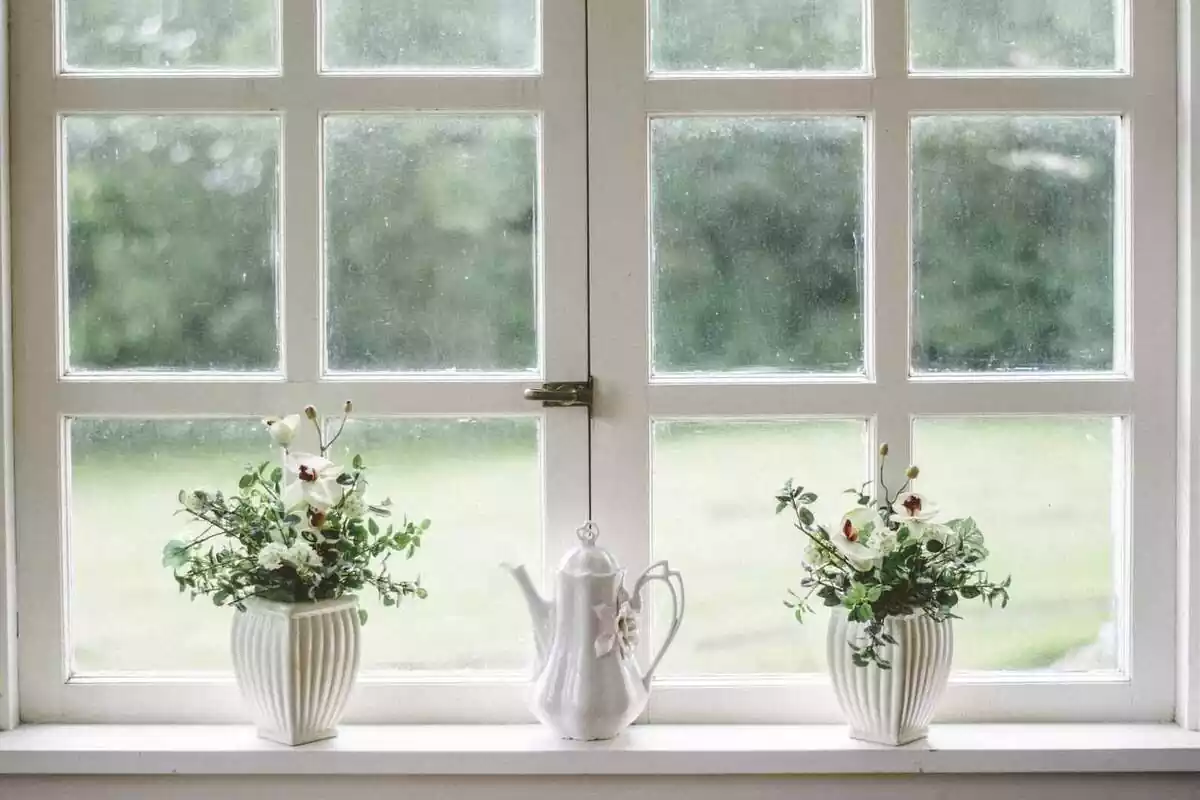 Imatge d'una finestres amb dos gerros amb flors