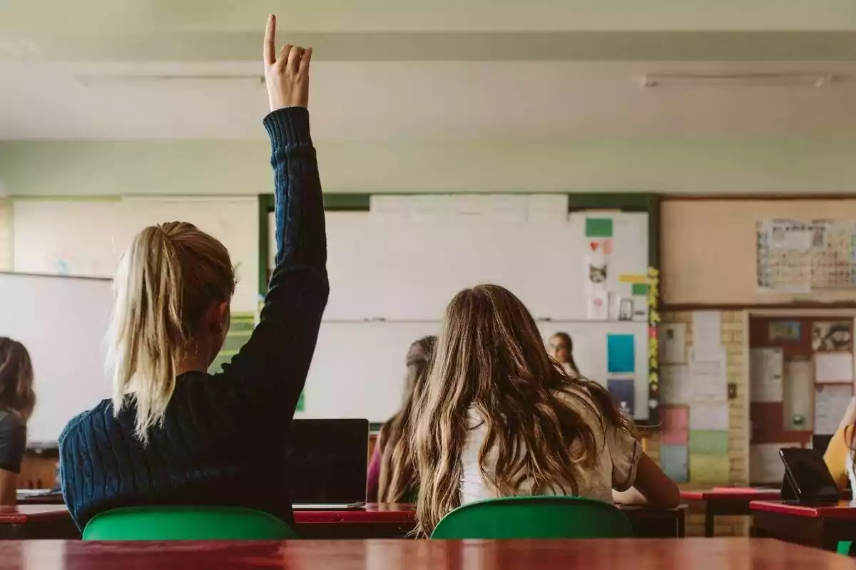 Foto d'una classe i una alumna aixecant la mà.