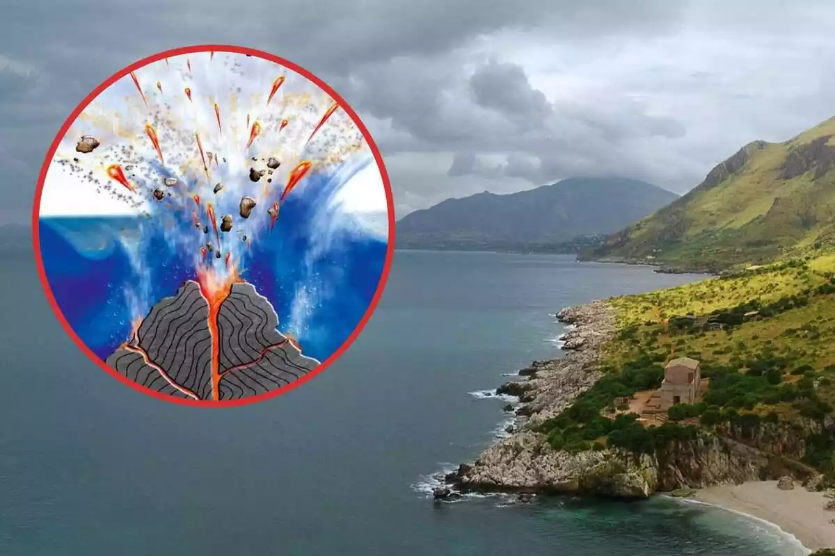 Fotomuntatge del mar de Sicília i la representació de l'erupció d'un volcà