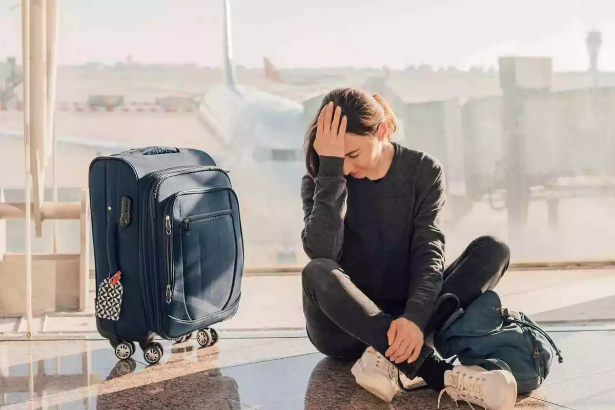 Foto d'una dona trista amb una maleta en un aeroport.