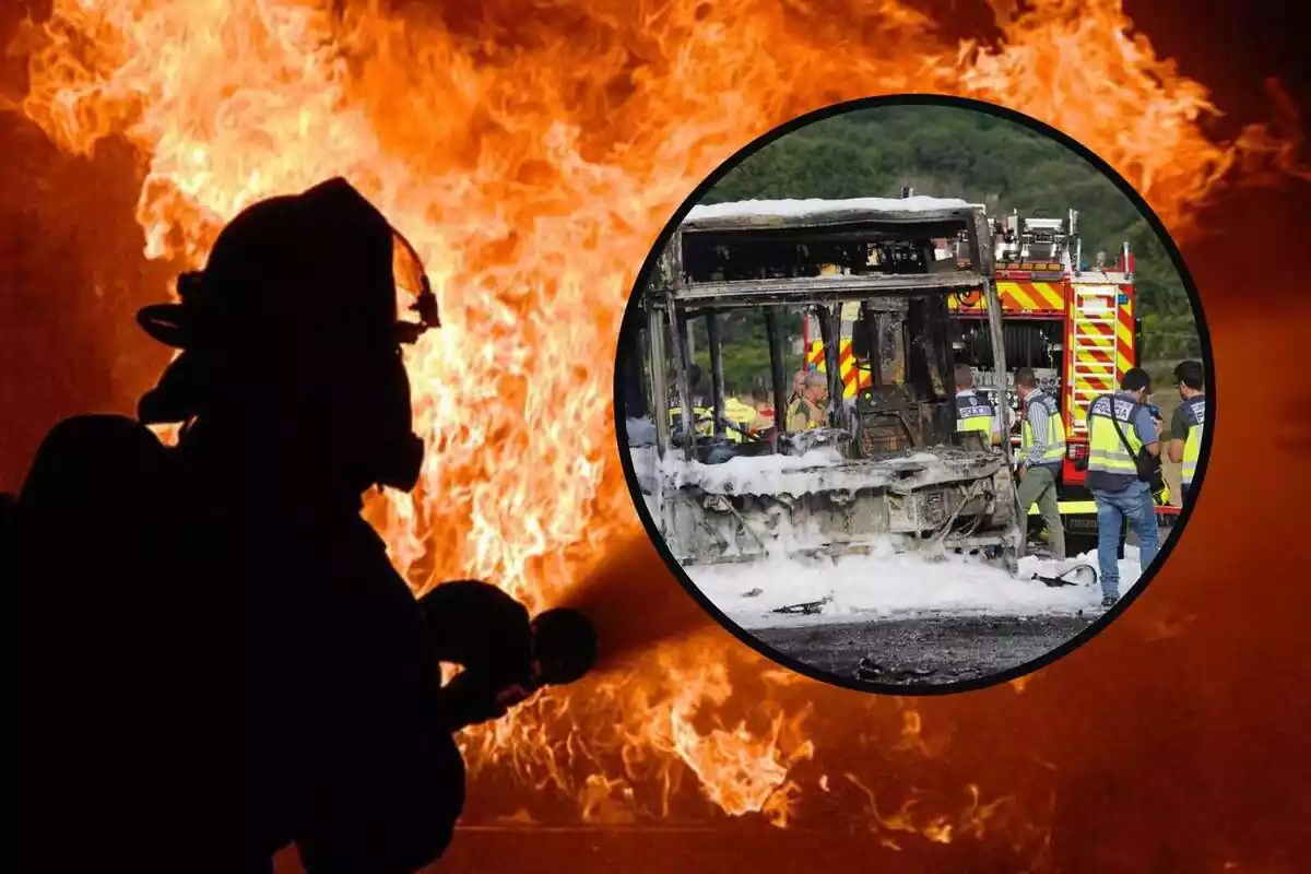 Muntatge de l'incendi d'un autobús amb un bomber