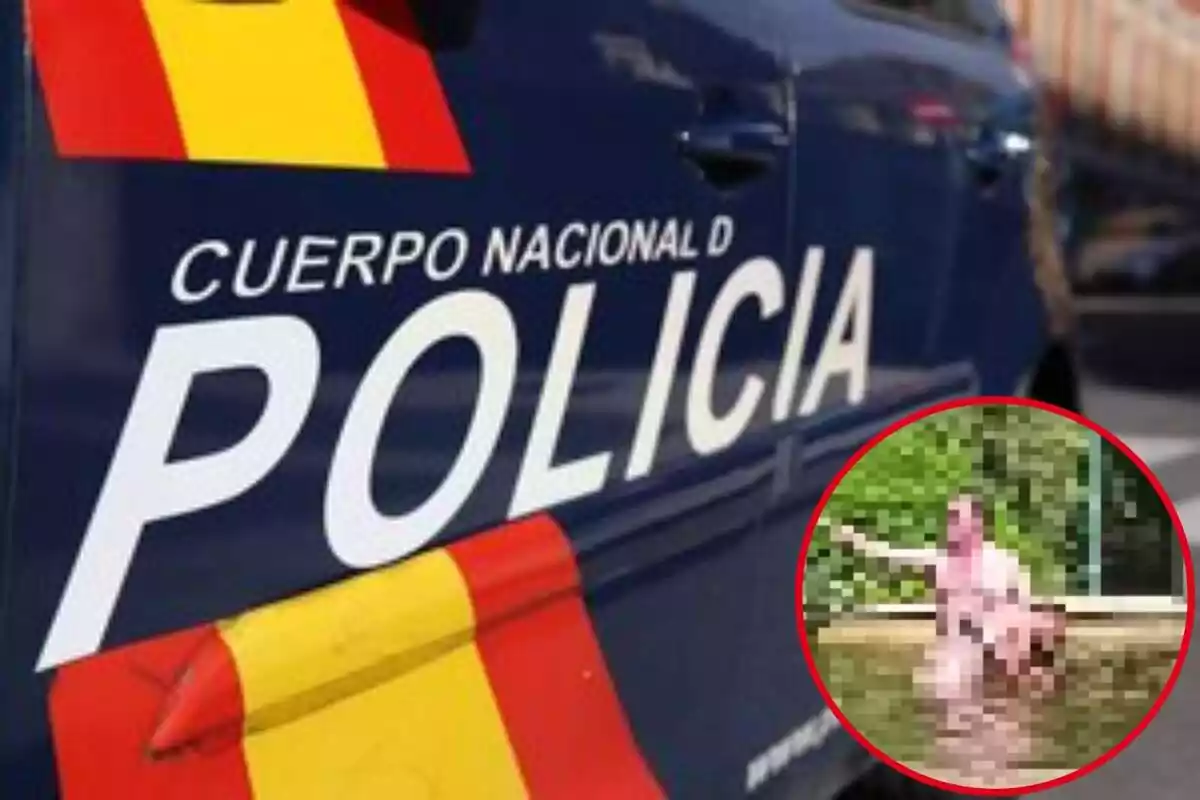 muntatge d'un cotxe de la polícia i dues persones en una font a València