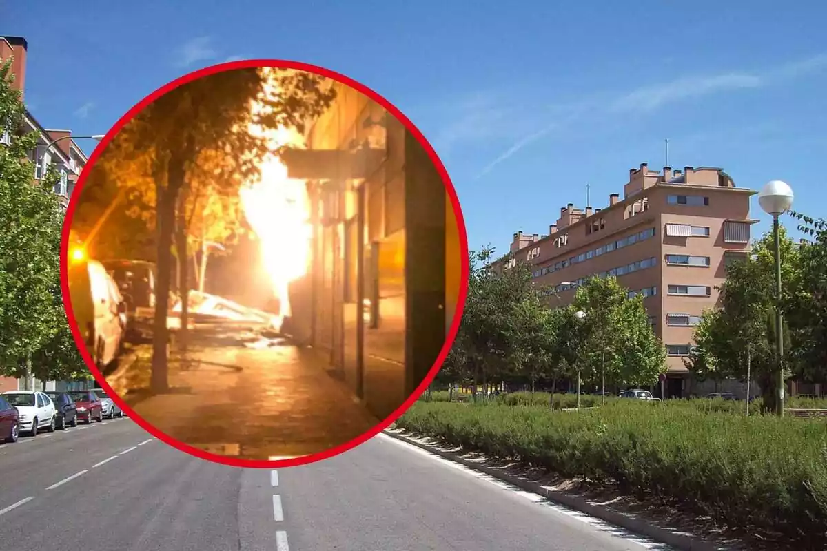 Fotomuntatge d'un carrer amb la foto del local incendiat a Madrid