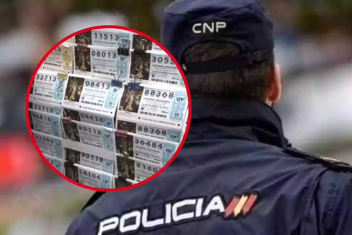 Fotomuntatge d'un Policia Nacional i uns dècims de loteria