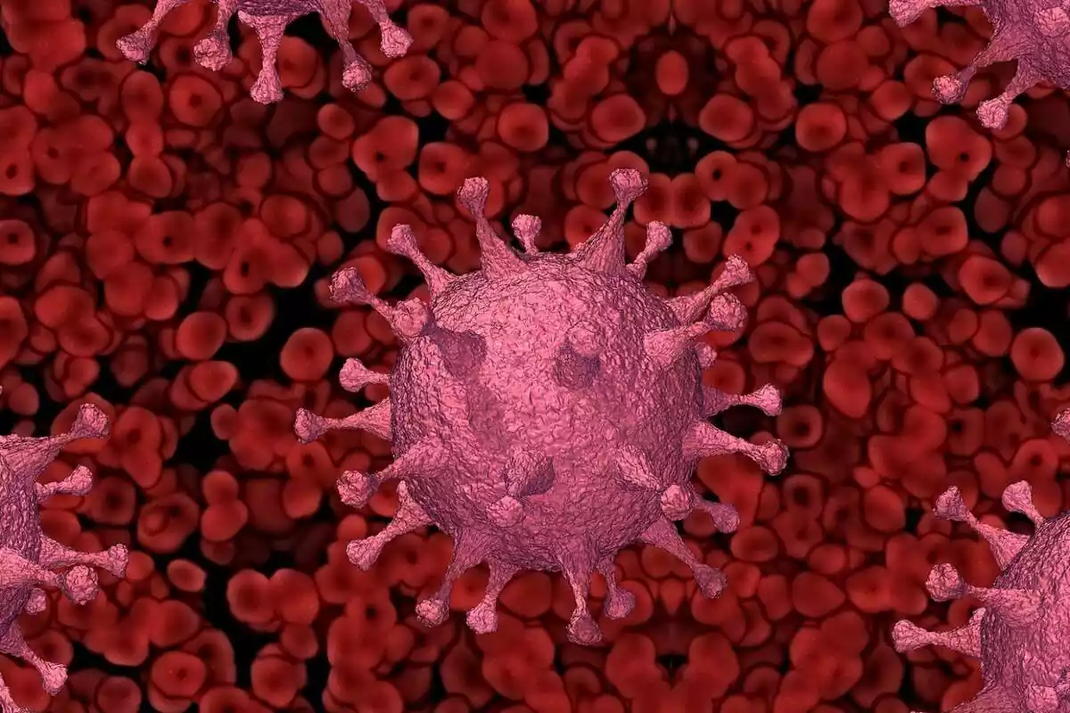 Dibuix digital coronavirus sobre fons de globus vermells