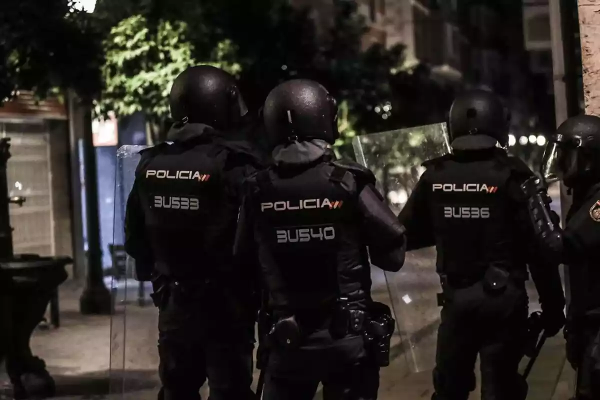 Foto de quatre agents antidisturbis de la Policia Nacional d'esquena.